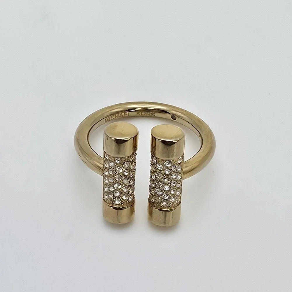 MICHAEL KORS Open Cuff Ring Pave Crystals Barrel Shape Gold Tone Size 7 Signed - Picture 4 of 11